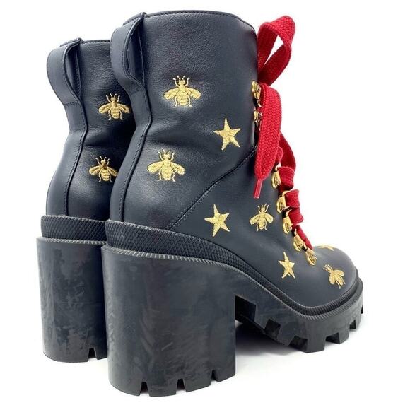 GUCCI BLACK LEATHER PLATFORM COMBAT BOOTS SZ 6 GOLD STARS BEES LUG SOLE - Picture 8 of 16